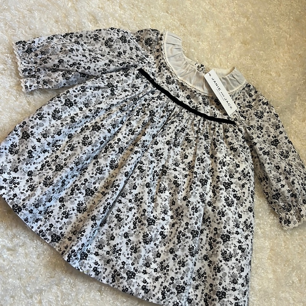 Janie and Jack baby girls white and black floral dress. Size 12-18 months.